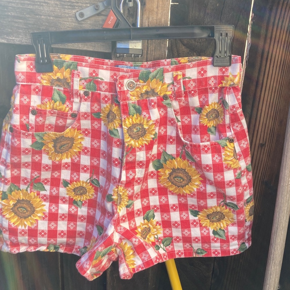 Sunflower Print Red Gingham Jean Shorts for Women